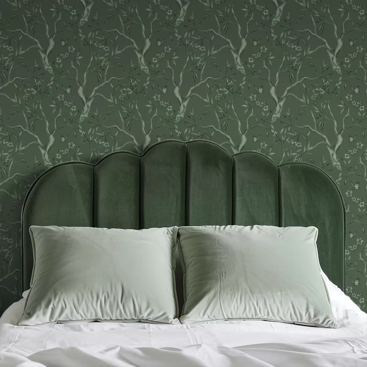 Papel de parede Galhos verdes floridos com borboletas num fundo escuro a00951v3