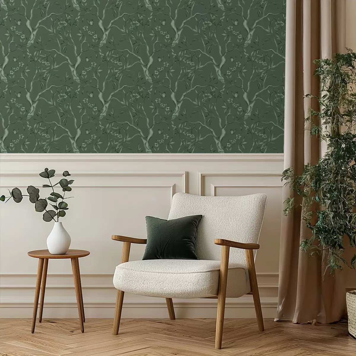 Papel de parede Galhos verdes floridos com borboletas num fundo escuro a00951v3