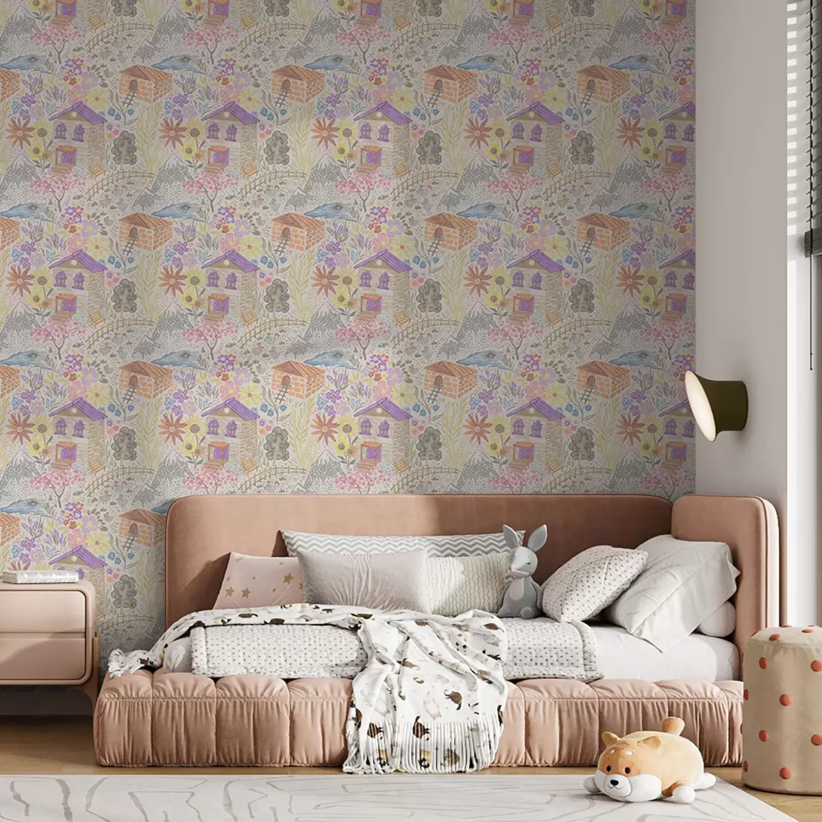 Papel de parede Desenho infantil de uma aldeia com uma casa, montanhas e flores a00952