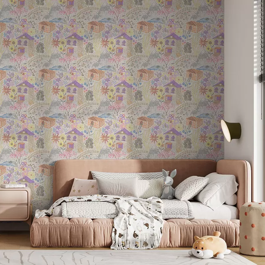 murais de parede Desenho infantil de uma aldeia com uma casa, montanhas e flores a00952