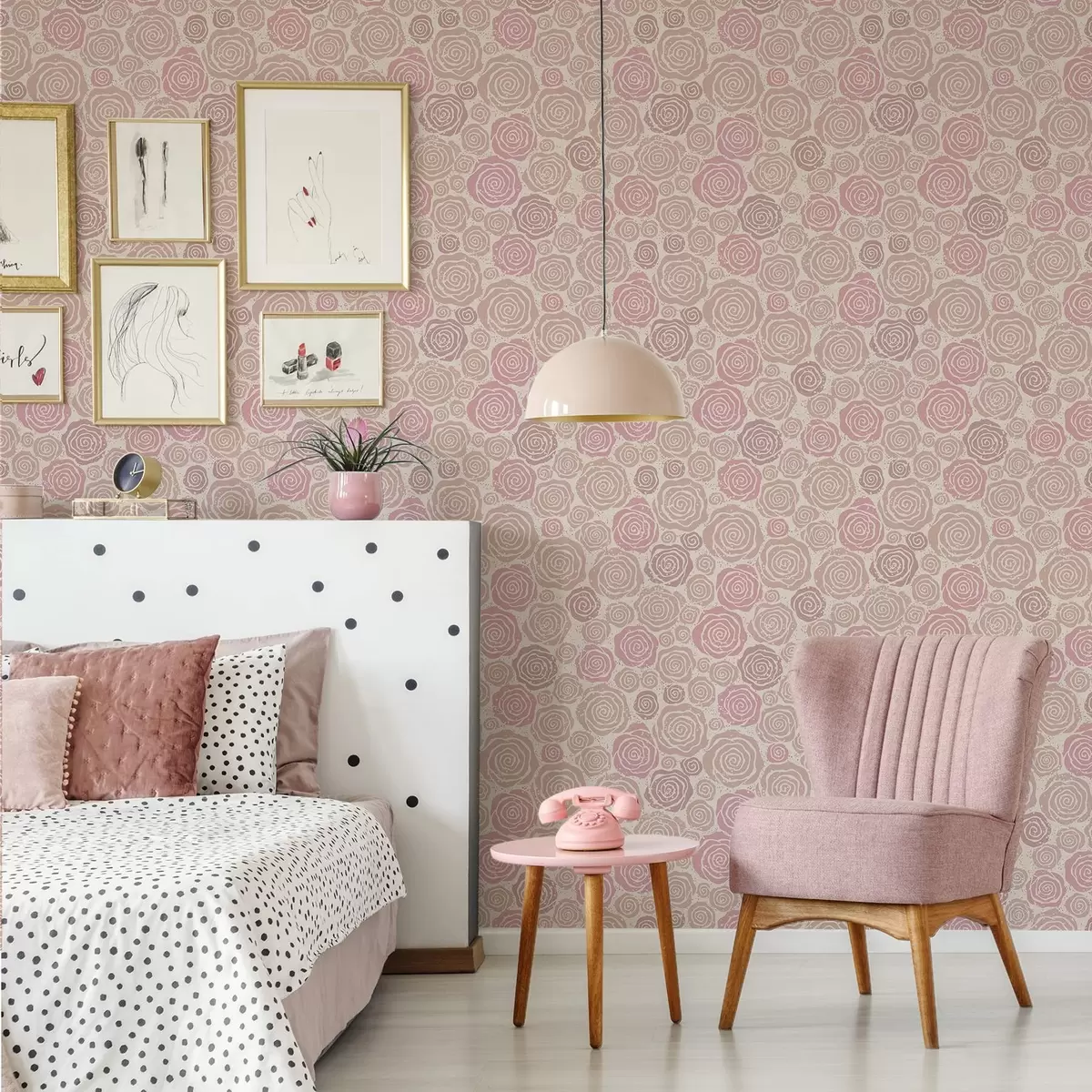 Papel de parede Rosas cor-de-rosa em espiral e salpicos sobre um fundo claro a00955