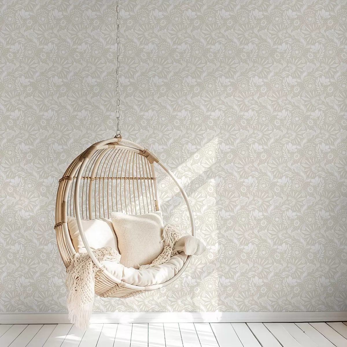 Papel de parede Ornamento floral linear branco sobre fundo bege a00956