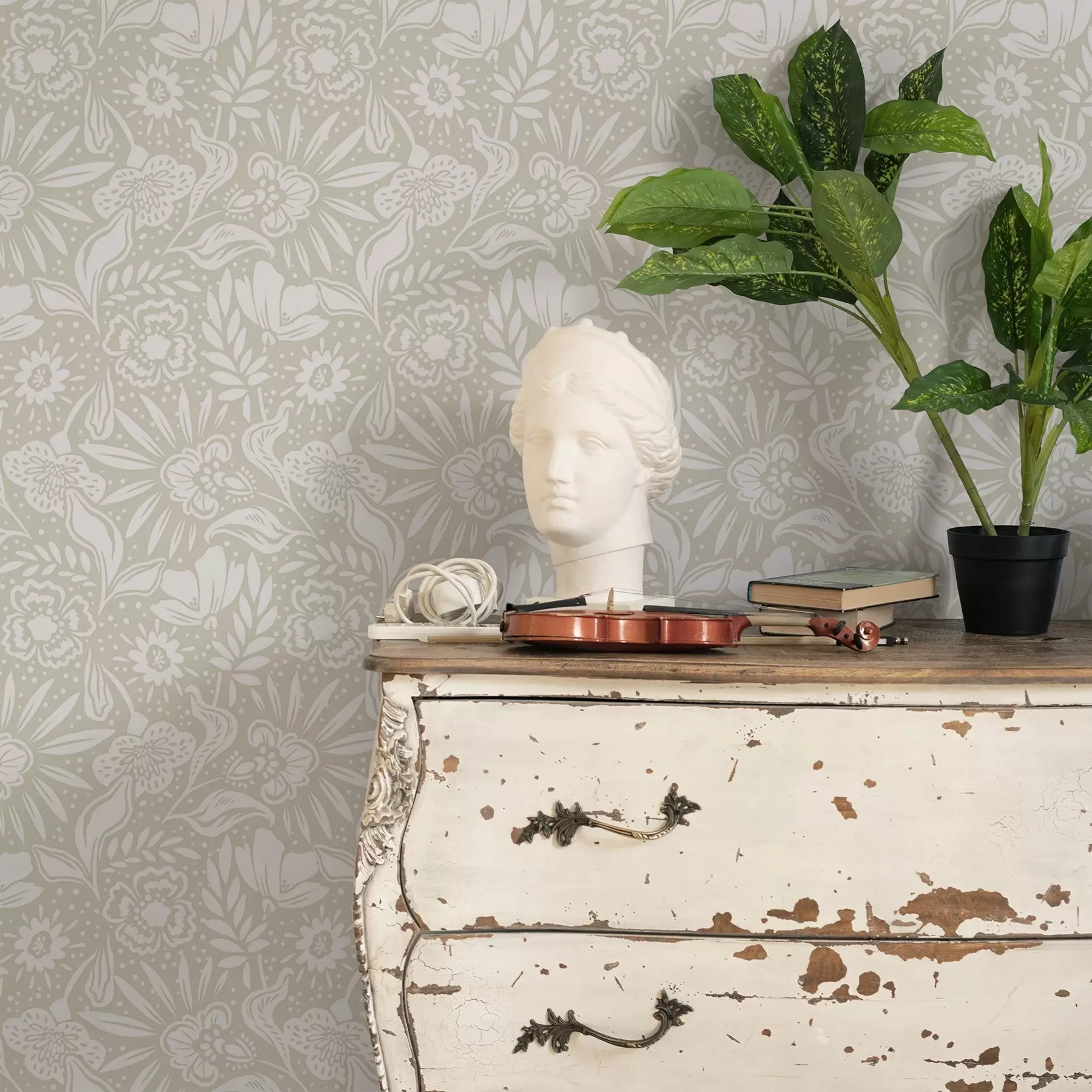 murais de parede Ornamento floral linear branco sobre fundo bege a00956