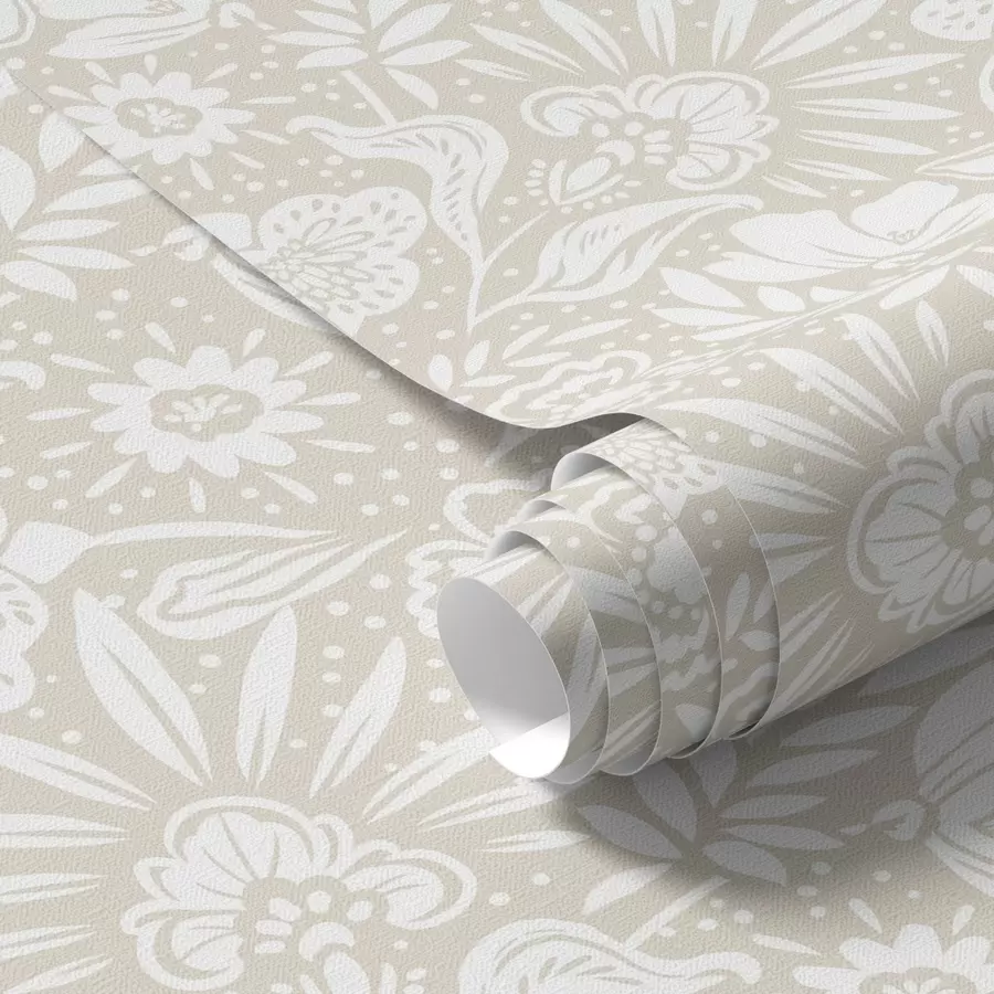 murais de parede Ornamento floral linear branco sobre fundo bege a00956