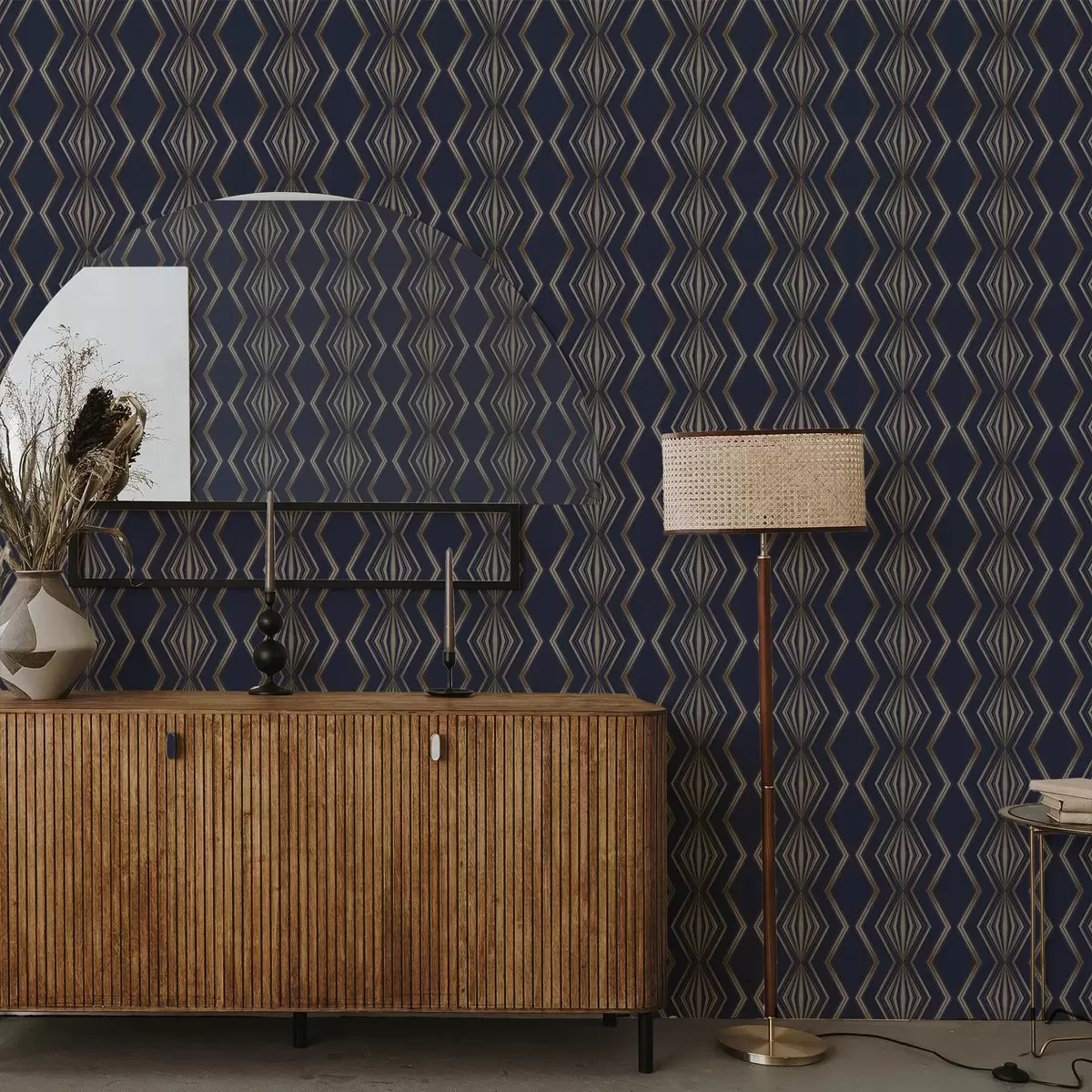 Papel de parede Fundo azul escuro com losangos geométricos e ziguezagues a00974v2