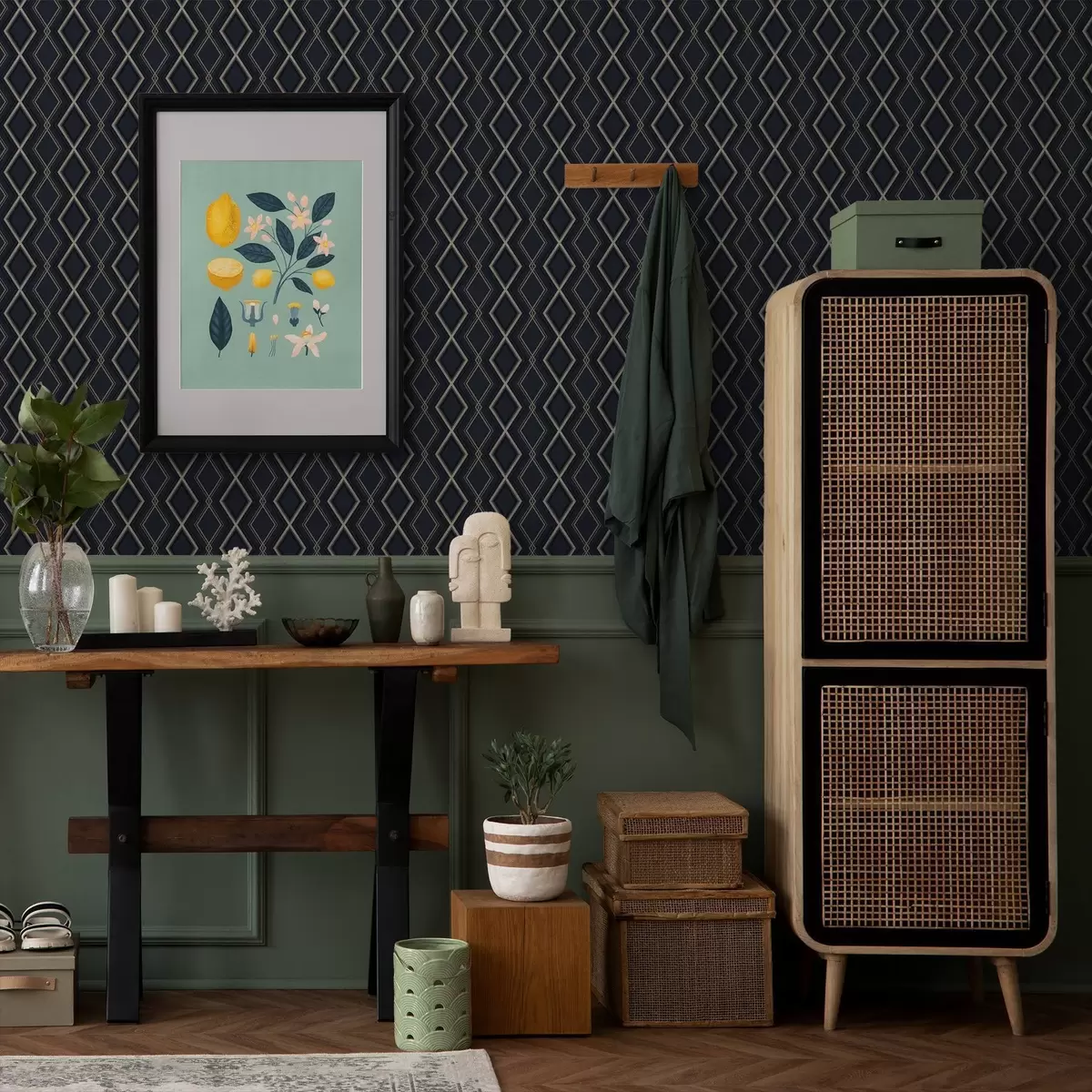 Papel de parede Grelha de diamantes azul escuro com linhas finas claras a00975