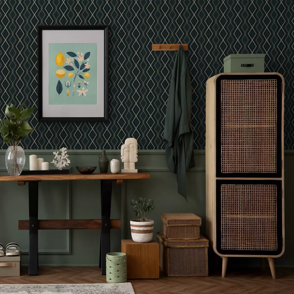 Papel de parede Fundo azul-petróleo escuro com uma grelha de losangos repetitiva a00975v1