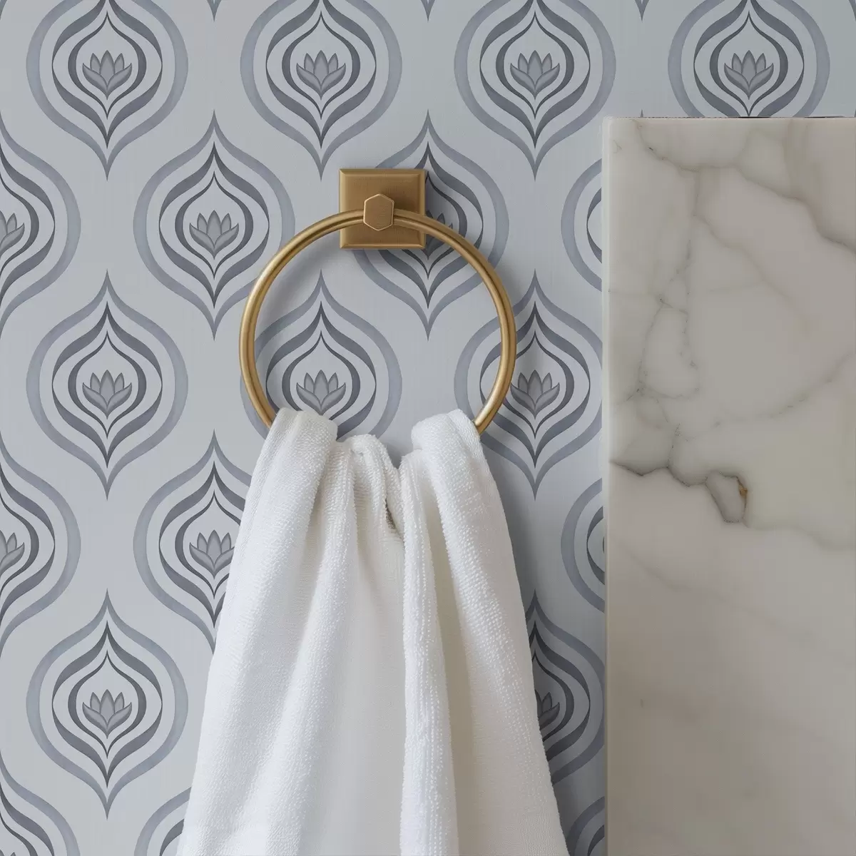 Papel de parede Motivo de gota elegante com uma flor em tons cinza-azulados a00977v3