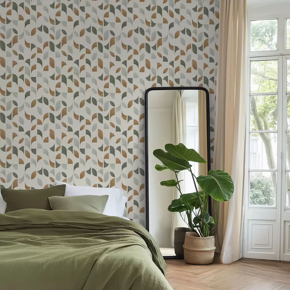 Papel de parede Meios círculos abstratos e folhas em verde e terracota a00985