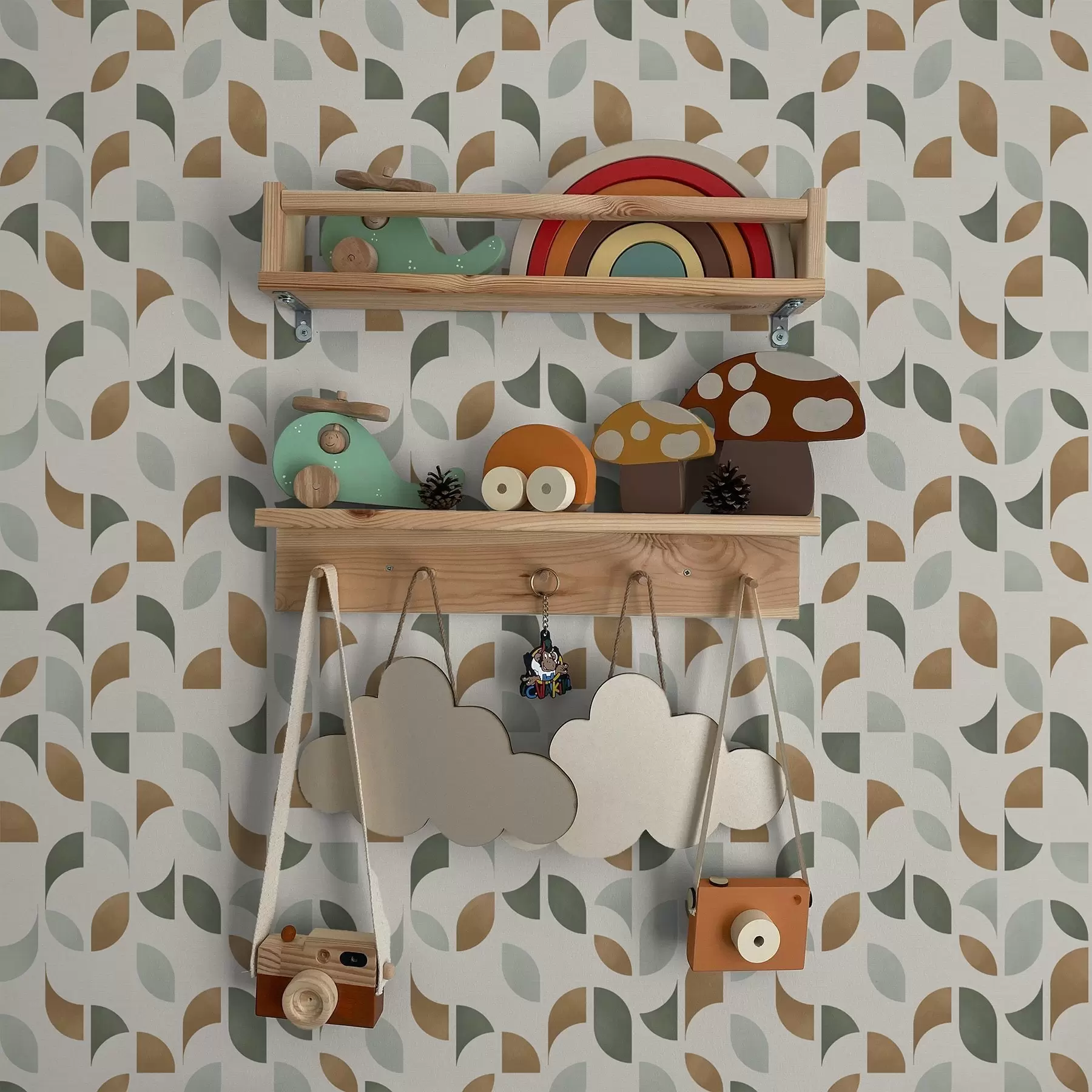 murais de parede Meios círculos abstratos e folhas em verde e terracota a00985