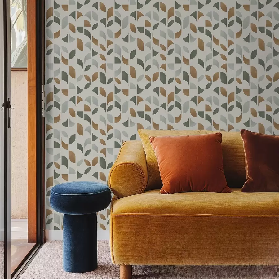 murais de parede Colunas verticais com semicírculos e folhas, verde-terracota a00986