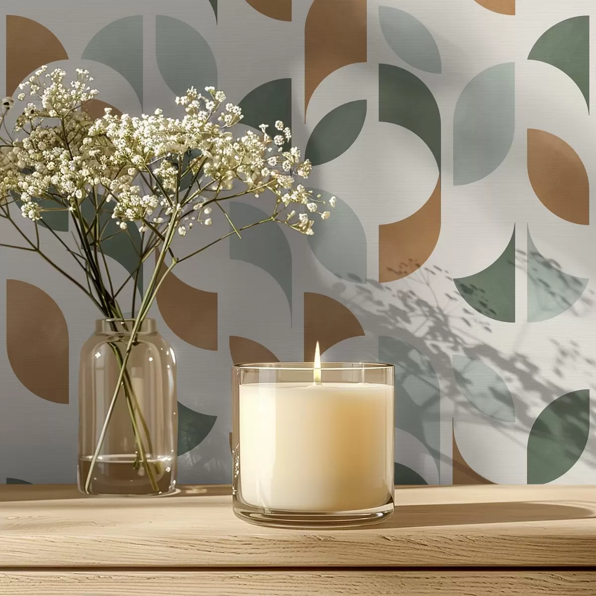 Papel de parede Colunas verticais com semicírculos e folhas, verde-terracota a00986