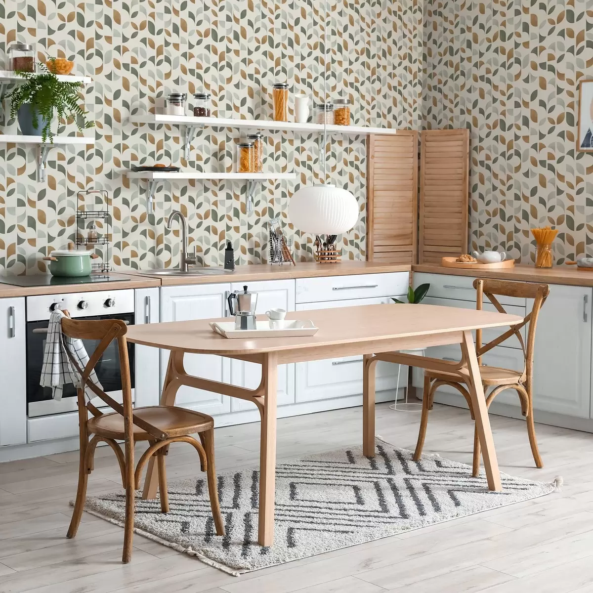 Papel de parede Colunas verticais com semicírculos e folhas, verde-terracota a00986