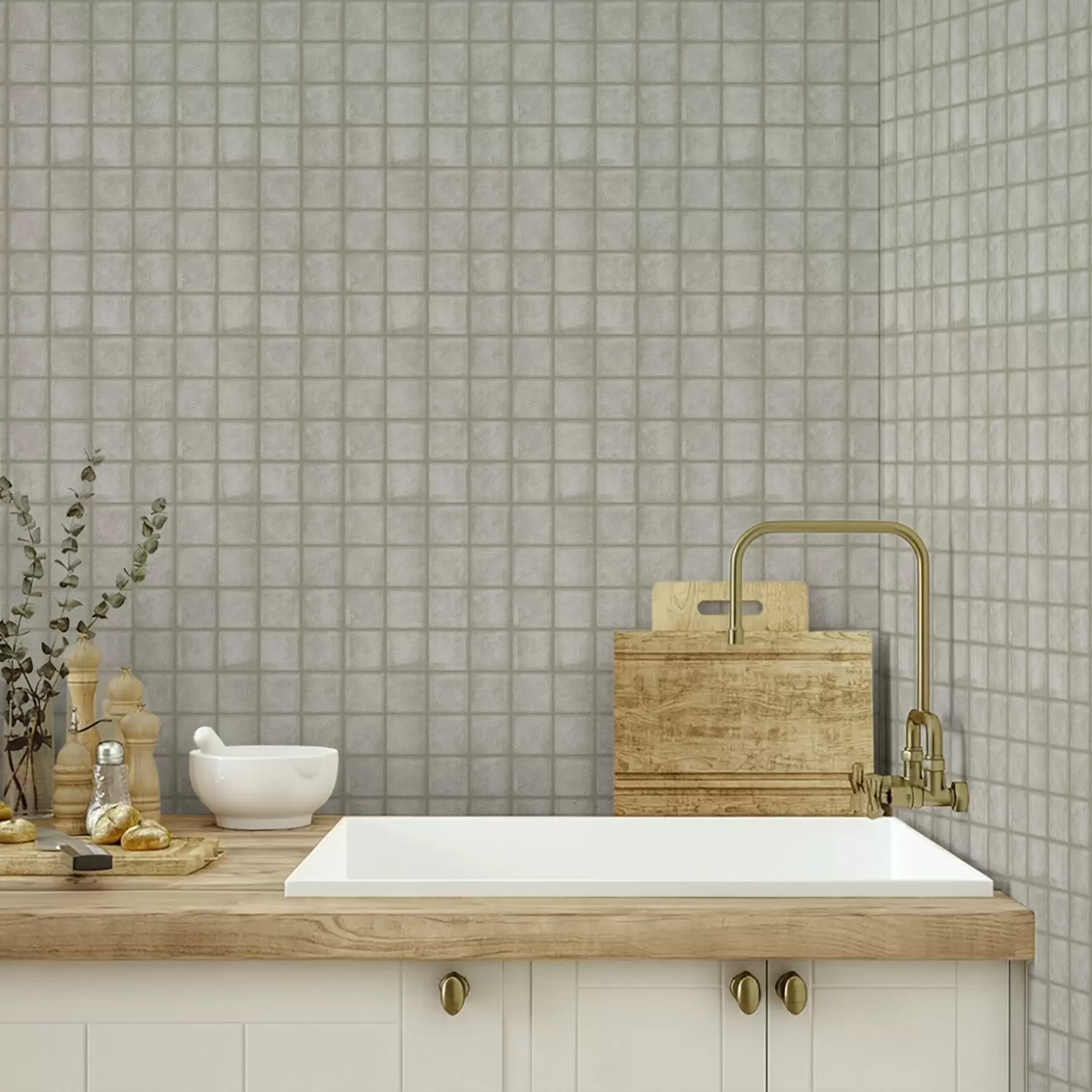 murais de parede Imitação de azulejos quadrados numa paleta suave de cinza-esverdeado a00988