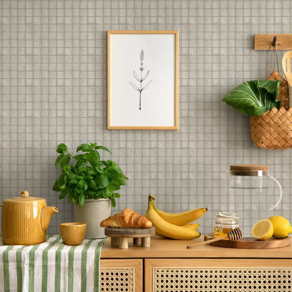 Papel de parede Imitação de azulejos quadrados numa paleta suave de cinza-esverdeado a00988