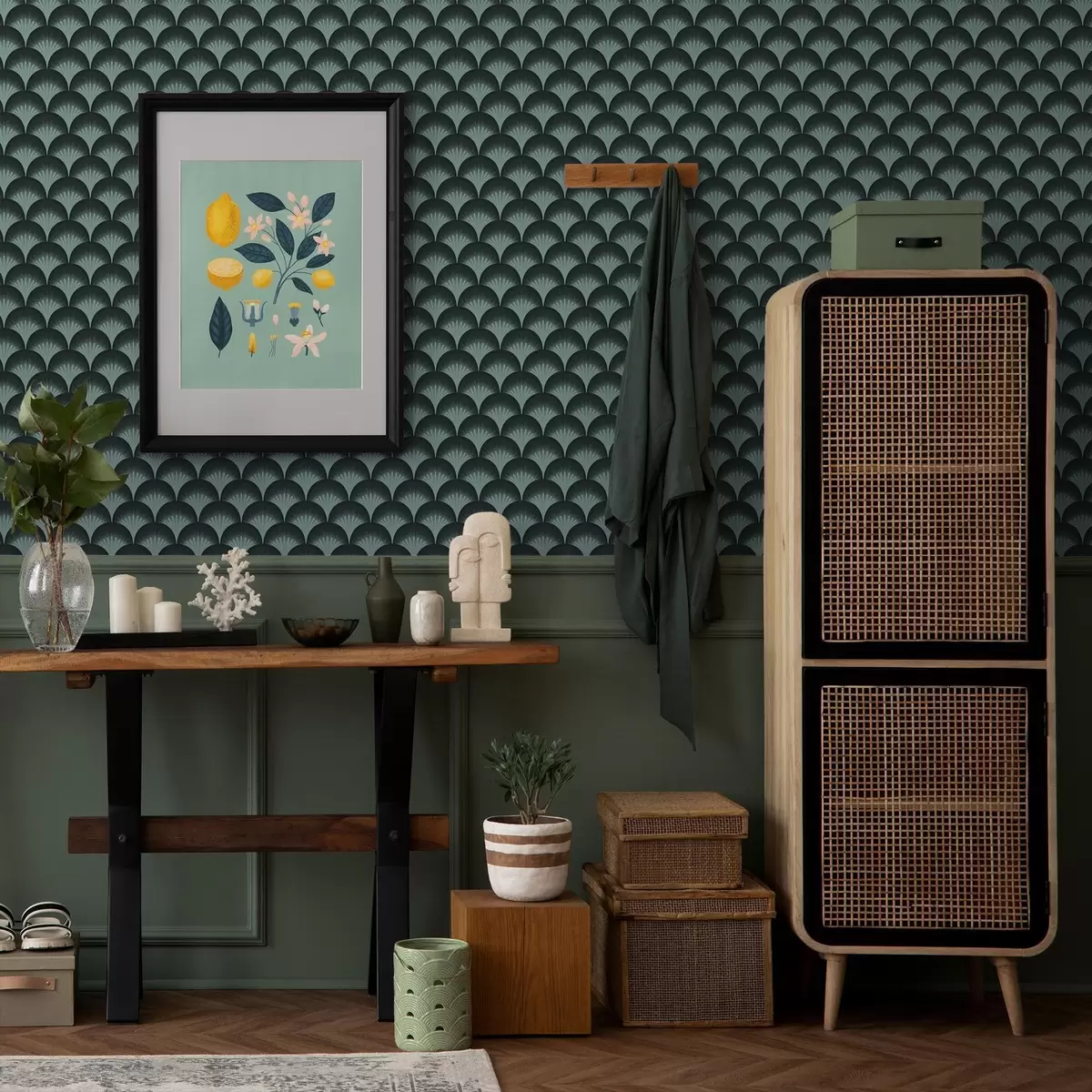 Papel de parede Leques de hortelã contrastantes sobre um fundo quase preto a00990