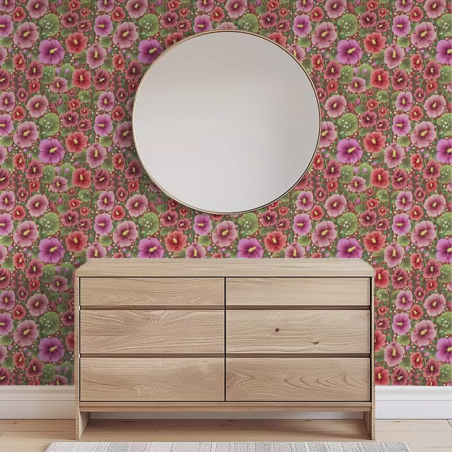 murais de parede Hibiscos em flor sobre um fundo quente vermelho-acastanhado a00993v1