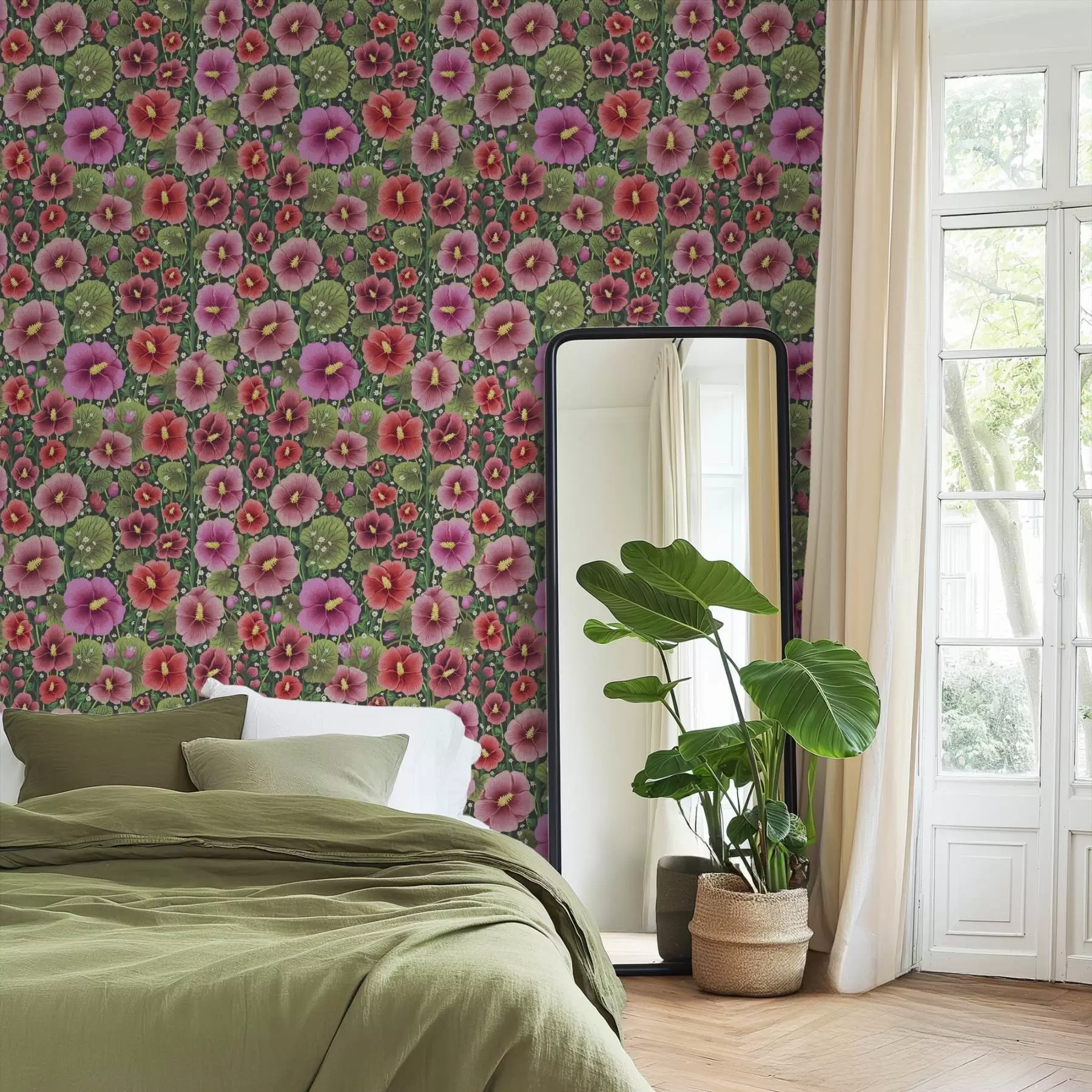 murais de parede Flores de hibisco brilhantes e vegetação sobre um fundo escuro a00993v2