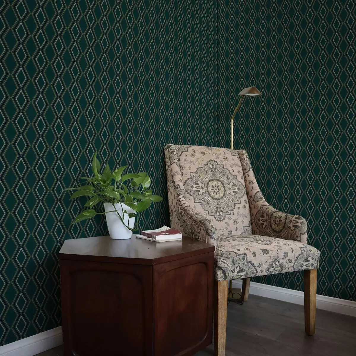 Papel de parede Fundo verde-azulado escuro com fileiras verticais de losangos a00976