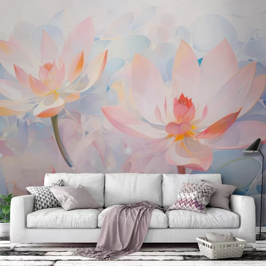 murais de parede Flores de lótus em tons pastel suaves, em estilo aquarela w09512