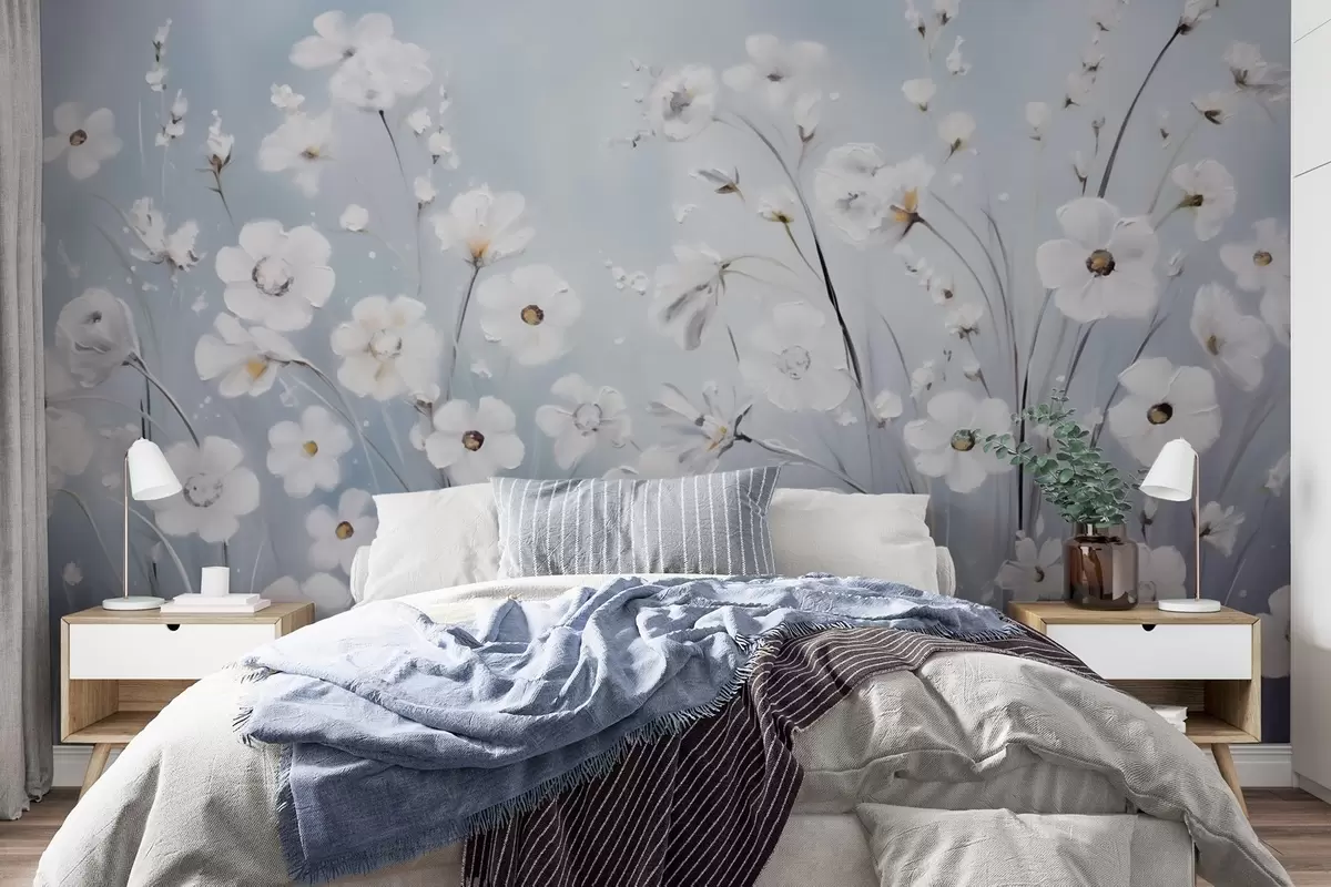 murais de parede Flores brancas contra um céu azul em estilo pintura a óleo w09516
