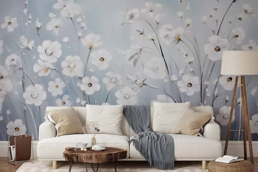 murais de parede Flores brancas contra um céu azul em estilo pintura a óleo w09516