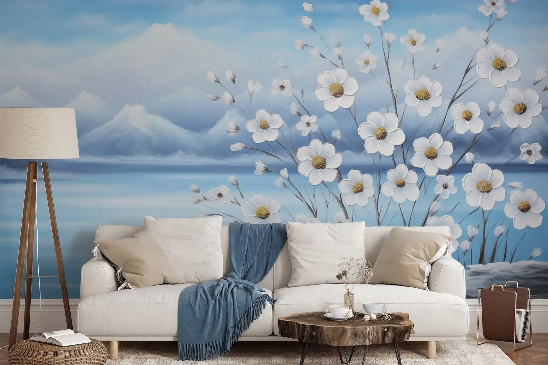 murais de parede Flores brancas da primavera junto a um lago gelado com montanhas nevadas em estilo pintura a óleo w09526