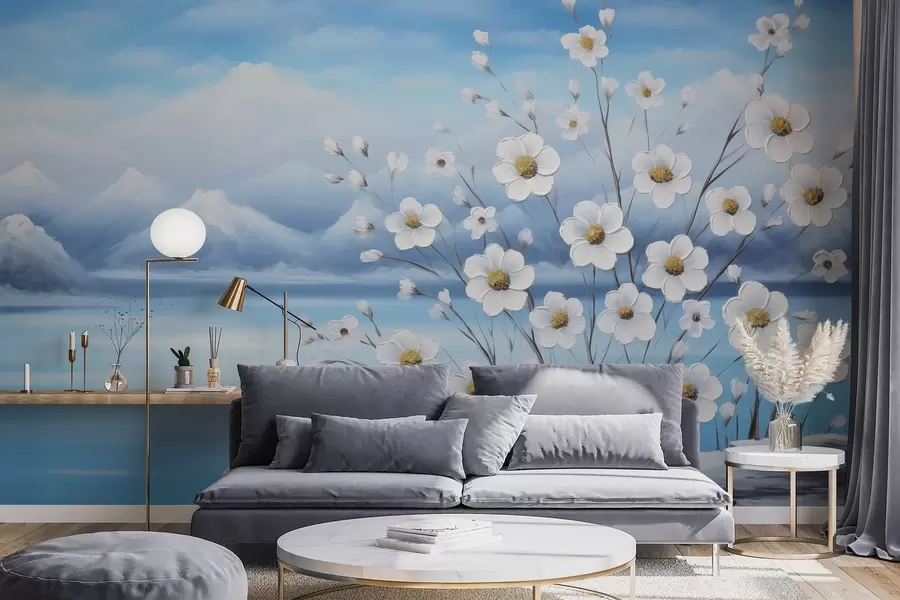 murais de parede Flores brancas da primavera junto a um lago gelado com montanhas nevadas em estilo pintura a óleo w09526