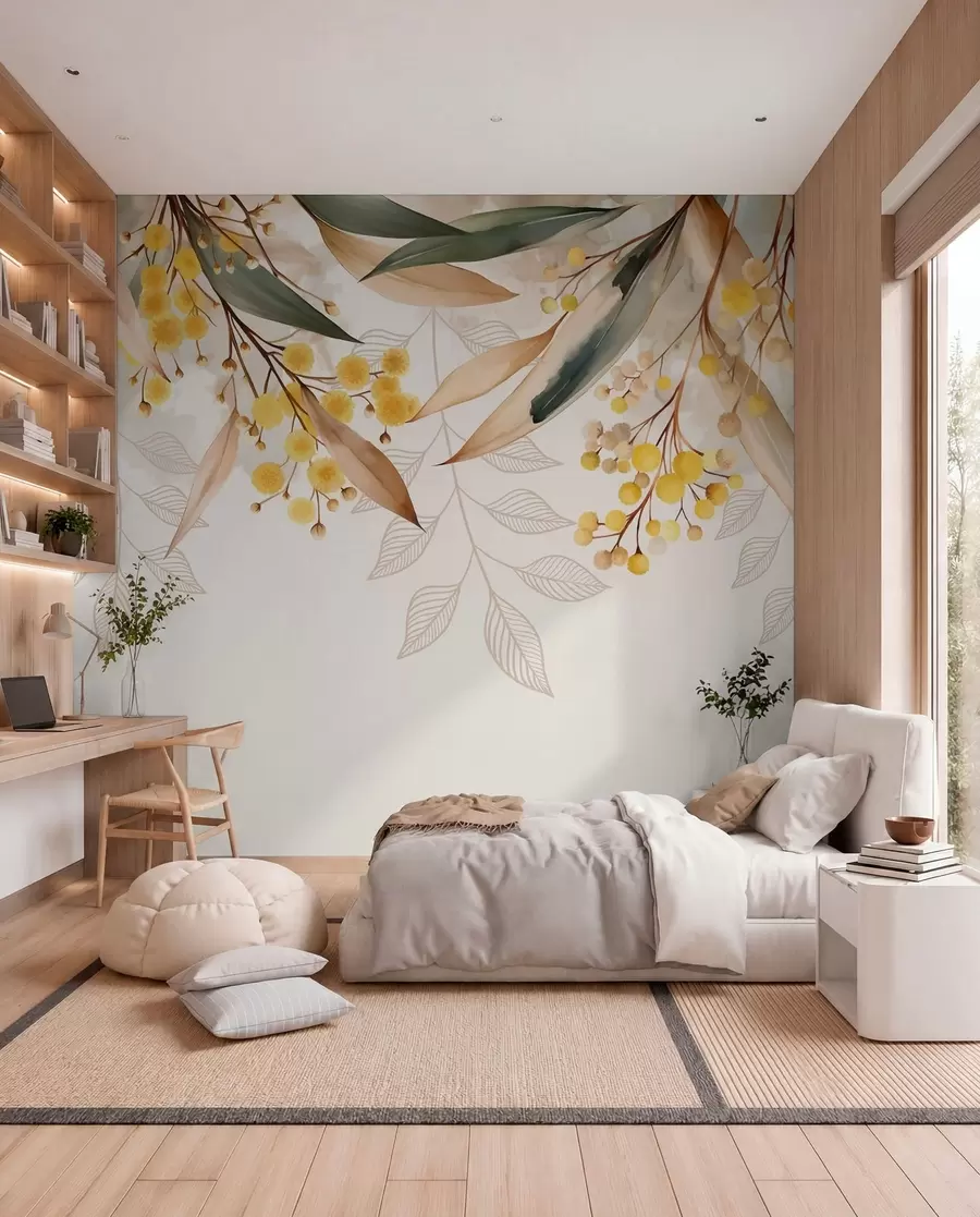 murais de parede flores e folhas de mimosa caindo do alto em estilo aquarela w04880