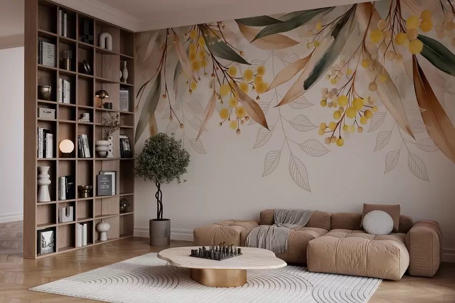 murais de parede flores e folhas de mimosa caindo do alto em estilo aquarela w04880