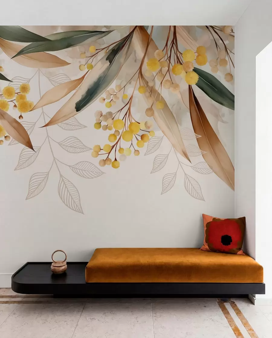 murais de parede flores e folhas de mimosa caindo do alto em estilo aquarela w04880
