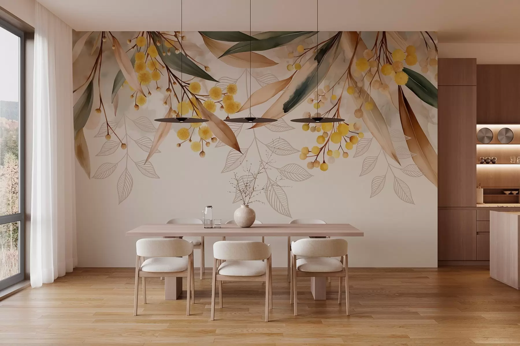 murais de parede flores e folhas de mimosa caindo do alto em estilo aquarela w04880