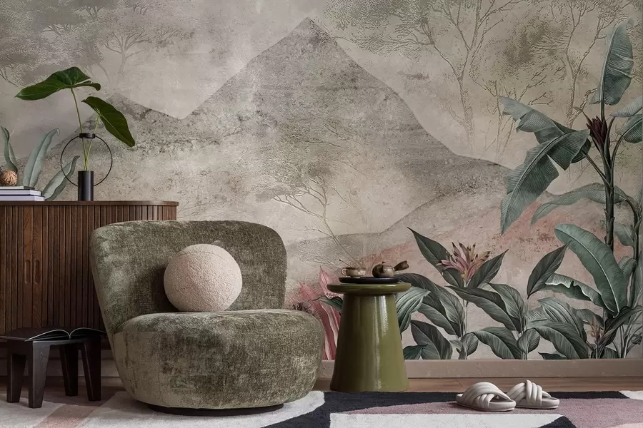 murais de parede Folhas de bananeira em tons pastel e flores tropicais contra o cenário das montanhas w04933