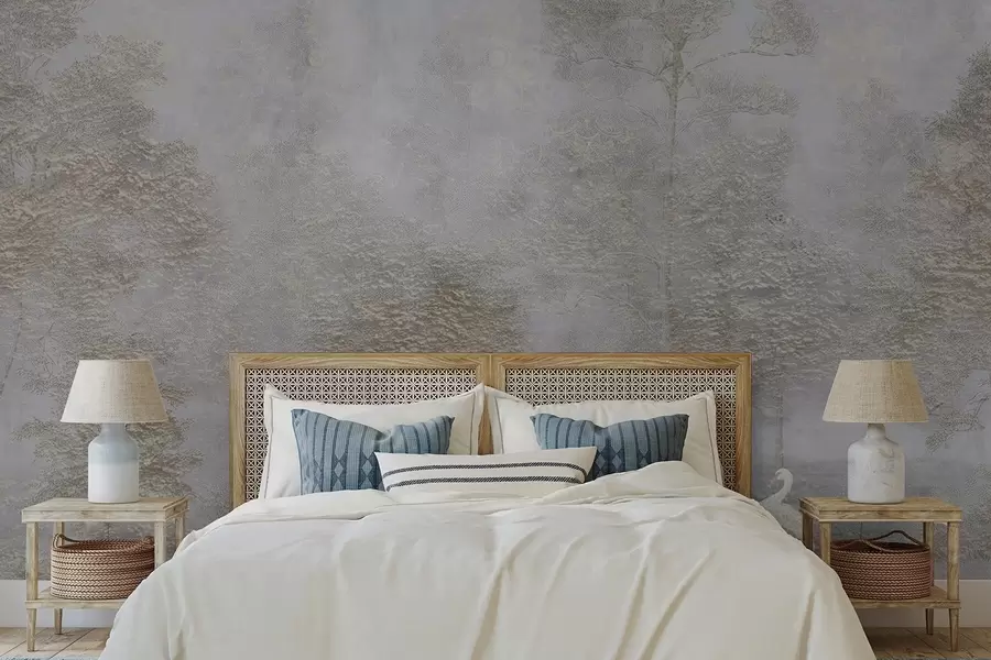 murais de parede Floresta enevoada com uma garça branca e textura suave w04953