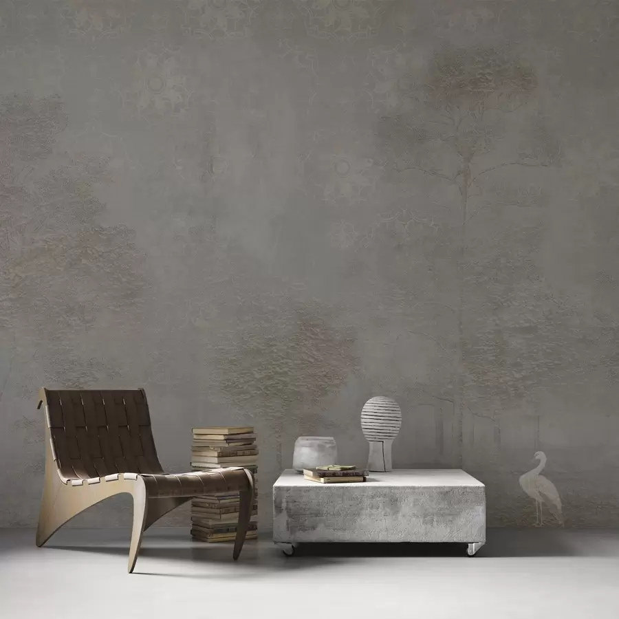 murais de parede Floresta enevoada com uma garça e um padrão ornamental acima w04953v1