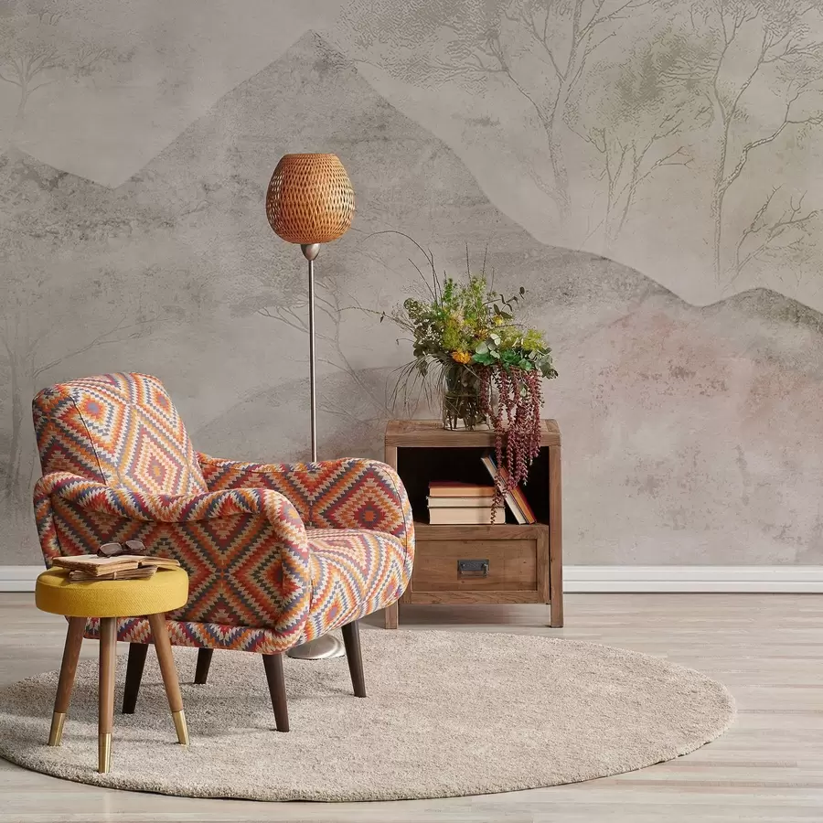 murais de parede Montanhas e árvores em tons suaves de pastel envoltas em uma leve névoa w04954