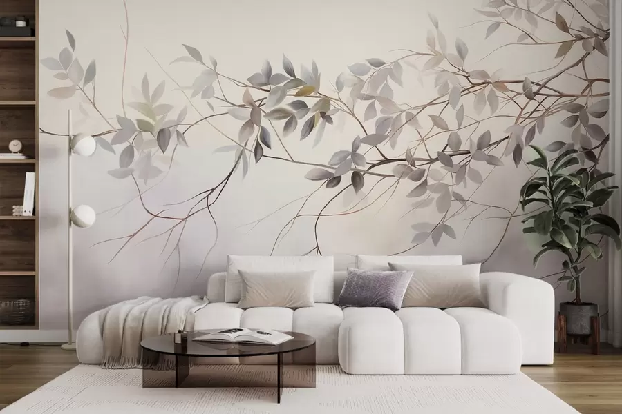 murais de parede Galhos delicados com textura e folhas em tons suaves de cinza, roxo e verde contra um fundo suave e desfocado w09336