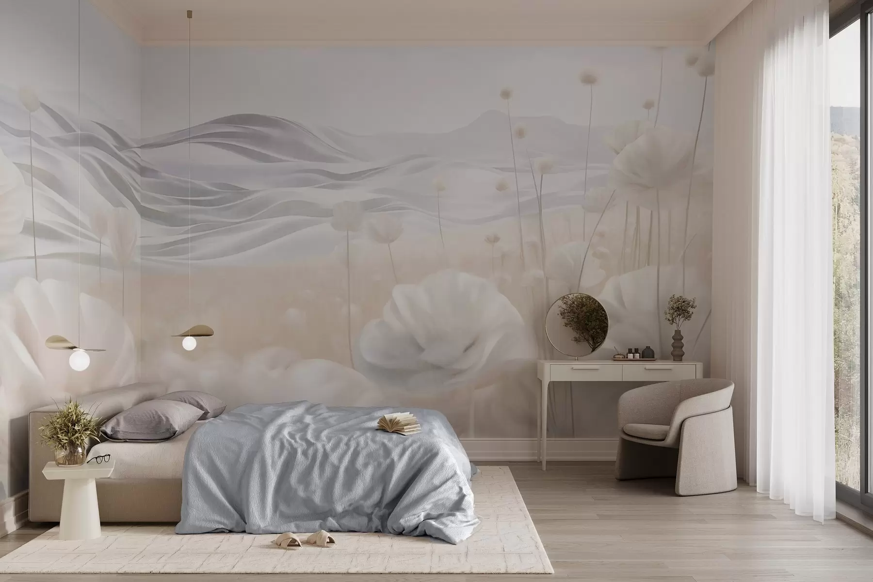 murais de parede Campo texturizado de papoilas cremosas com colinas ondulantes sob um céu azul claro com nuvens suaves, cores pastel w09553