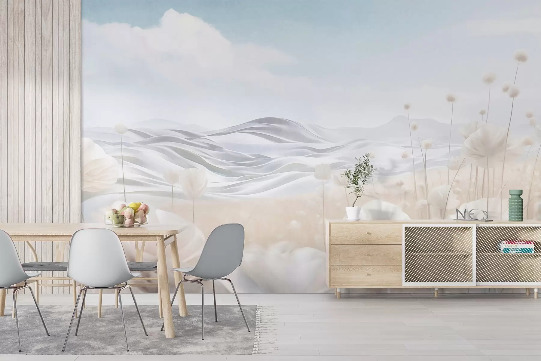 murais de parede Campo texturizado de papoilas cremosas com colinas ondulantes sob um céu azul claro com nuvens suaves, cores pastel w09553