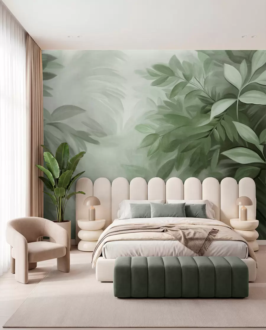 murais de parede Folhas verdes e cinzentas com textura suave e difusa, num estilo pictórico com pinceladas visíveis w09584v1