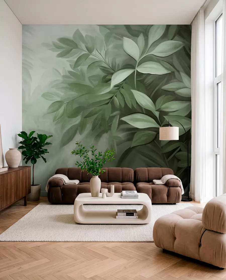 murais de parede Folhas verdes e cinzentas com textura suave e difusa, num estilo pictórico com pinceladas visíveis w09584v1