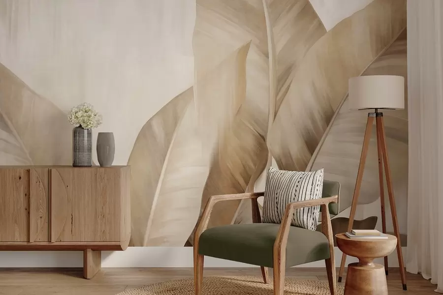 murais de parede Folhas de bananeira grandes e texturizadas, em tom castanho claro, sobre um fundo bege claro, com uma estética suave e minimalista w09586