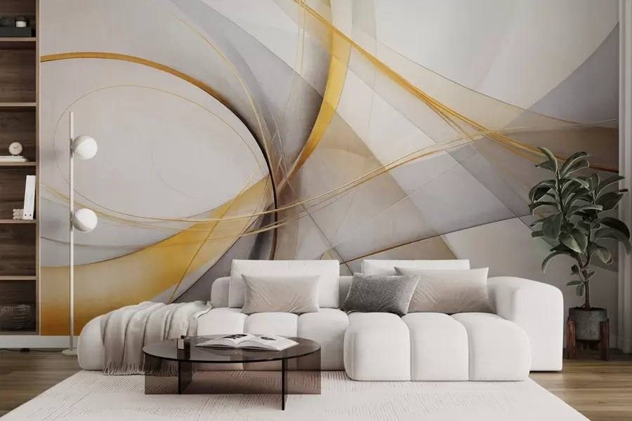 murais de parede Linhas abstratas fluidas em amarelo e branco sobre fundo cinzento, com sensação de movimento e profundidade, arte moderna w09587