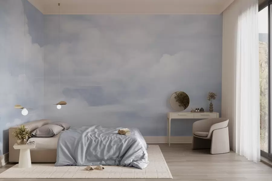 murais de parede Céu com textura pastel repleto de nuvens brancas com estética suave e minimalista w09589