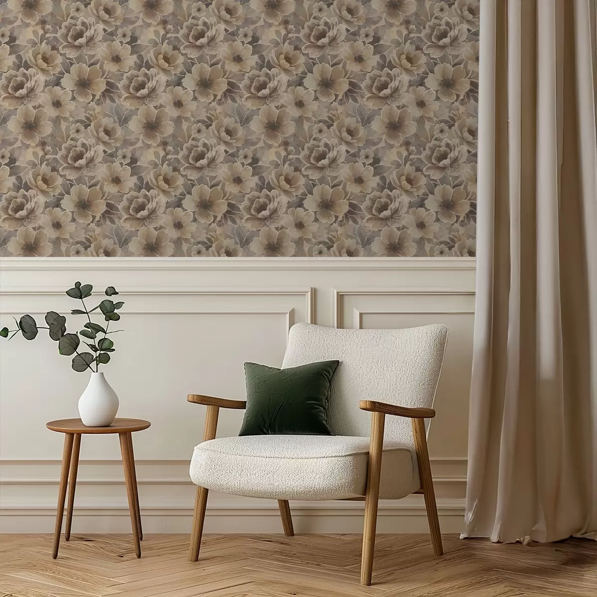 Papel de parede Flores bege pintadas sobre um fundo abstrato esfumado a00884