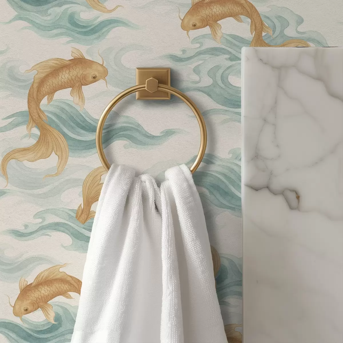 Papel de parede Peixe koi âmbar nadando entre ondas suaves de cor turquesa a00894