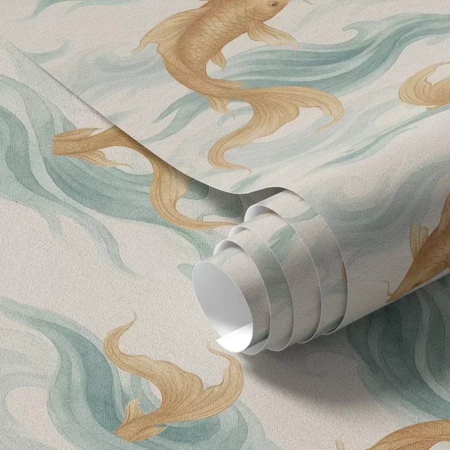 murais de parede Peixe koi âmbar nadando entre ondas suaves de cor turquesa a00894