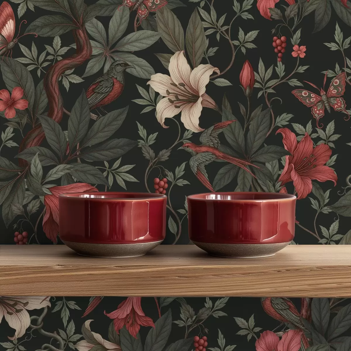 Papel de parede Flores escuras da selva com pássaros e borboletas a00895