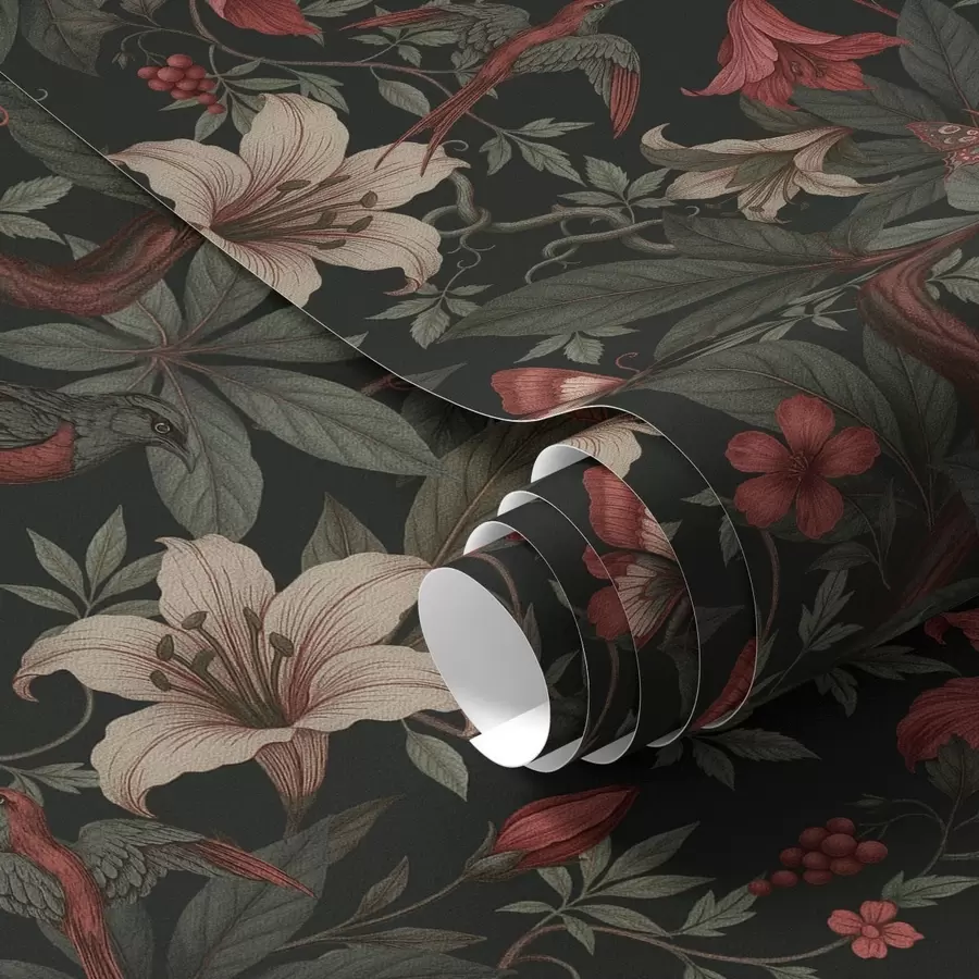 murais de parede Flores escuras da selva com pássaros e borboletas a00895