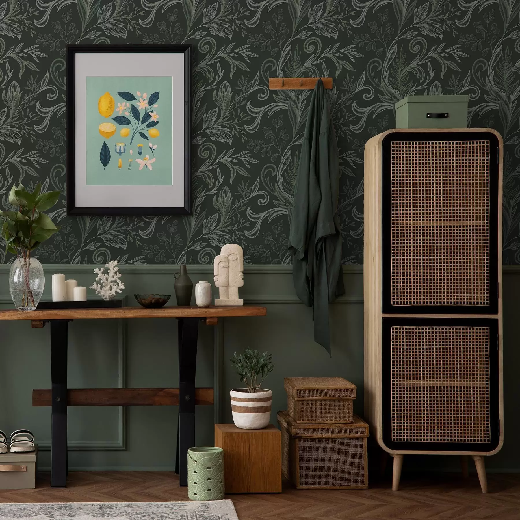 murais de parede Folhas enroladas da floresta profunda em tons de verde calcário a00935v2